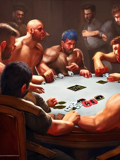Prompt: half dozen guys brawling over a game of poker. caotic fight intricate, elegant, highly detailed, digital painting, artstation, concept art, sharp focus, illustration, by justin gerard and artgerm, 8 k