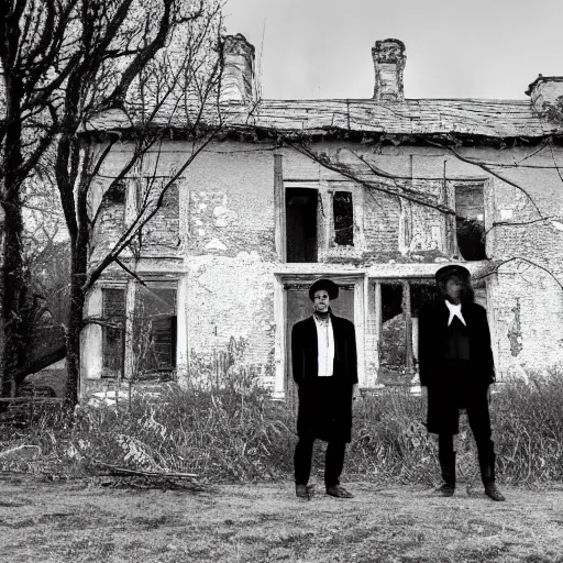 Prompt: a decaying georgian farmhouse. two thin men in black frock coats stand outside of the farmhouse. folk horror