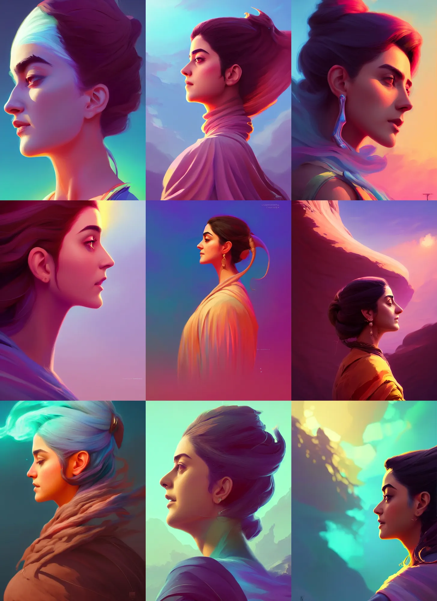 Prompt: side profile painted portrait, maya ali, wind wizard, gloomhaven, matte painting concept art, beautifully backlit, swirly vibrant color lines ripples, pastel colors, aesthetic octane render!, 8 k hd resolution, by ilya kuvshinov and cushart krentz and gilleard james