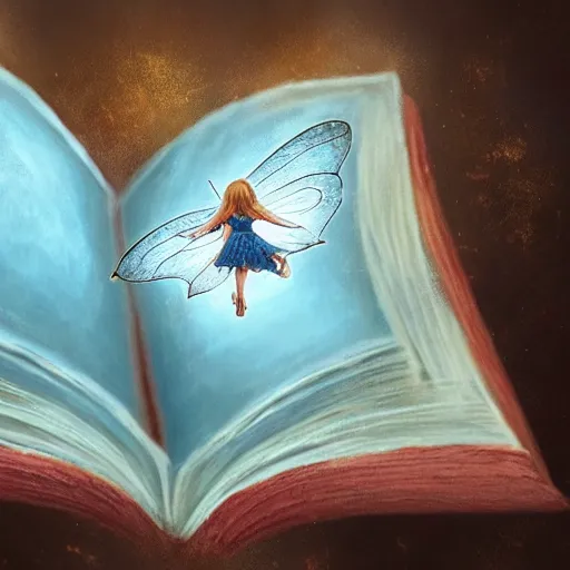 Image similar to you can see a big old open book in close - up. above the book floats a small sweet fairy, digital painting, fantasy art, ultra realistic, 4 k