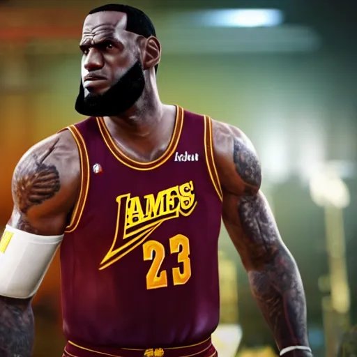 Prompt: a videogame still of Lebron James in Tekken 7, portrait, 40mm lens, shallow depth of field, close up, split lighting, cinematic