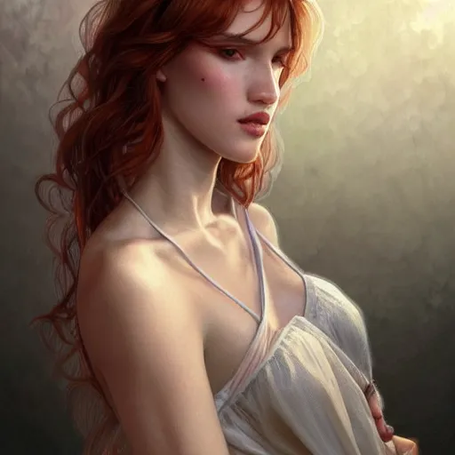 Image similar to ultra realistic illustration, bella thorne, nightgown, intricate, elegant, highly detailed, digital painting, artstation, concept art, smooth, sharp focus, illustration, art by artgerm and greg rutkowski and alphonse mucha