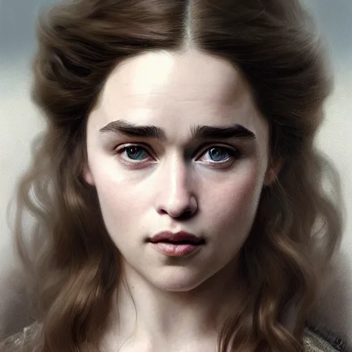 Image similar to beautiful striking Pre-Raphaelite Emilia Clarke by Artgerm and Greg Rutkowski, pale, intricate, elegant, highly detailed, digital painting