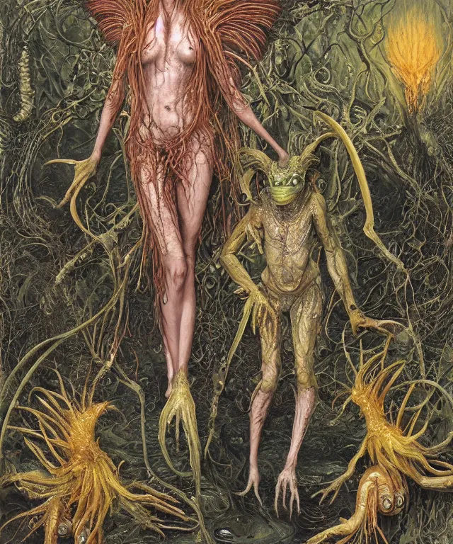Prompt: a portrait photograph of a fierce sadie sink as an alien harpy queen with slimy amphibian skin. she is trying on evil bulbous slimy organic membrane fetish fashion and transforming into a fiery succubus insectoid amphibian. by donato giancola, walton ford, ernst haeckel, brian froud, hr giger. 8 k, cgsociety