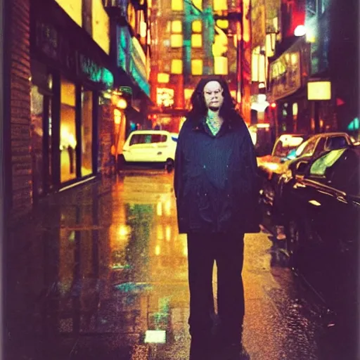 Image similar to night flash portrait photography of eliot offen on the lower east side by annie leibovitz, colorful!!, nighttime!, raining!