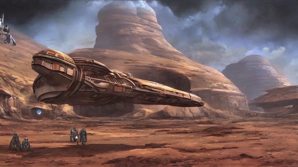 Image similar to small organic dropship lander by john schoenherr and jim burns, epic cinematic matte painting