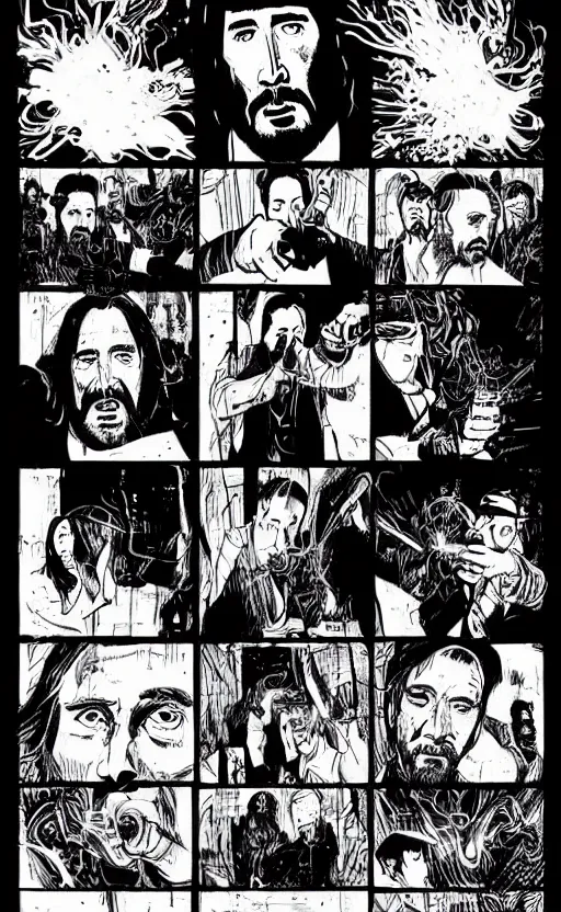 Image similar to nicolas cage as john wick, dramatic lighting, style of mcbess + Laurie Greasley + Satoshi Kon, symmetric lights and smoke, psychedelic effects, glowing particles, neon smoke