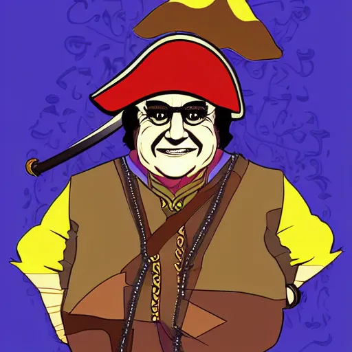 Prompt: vector art portrait of danny devito as a pirate king by jack kirby