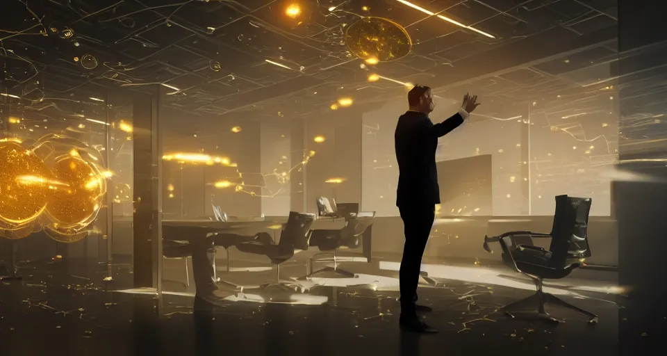 Image similar to Dramatic photo of a CEO waving to silhouettes of his coworkers in a futuristic office. Golden coins are levitating all around them. 8k, high detail, trending on Artstation, volumetric lighting, cyberpunk