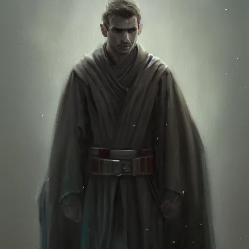 Image similar to portrait of a man by greg rutkowski, jedi knight, he looks like sam witwer, very short hair, wearing gray jedi robes, star wars expanded universe, he is about 2 0 years old, highly detailed portrait, digital painting, artstation, concept art, smooth, sharp foccus ilustration, artstation hq