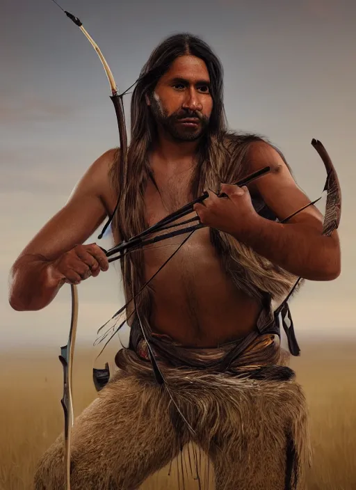 Prompt: portrait painting of a 3 0 year old rugged indigenous aboriginal male, hunting clothing, bow and arrow, long hair, rugged, unreal render cinematic lighting, rutkowski