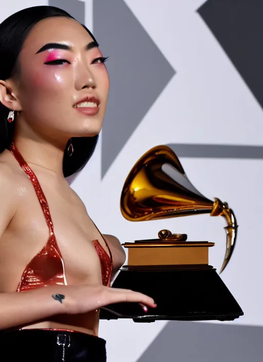 Image similar to rina sawayama winning a grammy award, red weapon 8 k s 3 5, cooke anamorphic / i lenses, highly detailed, cinematic lighting