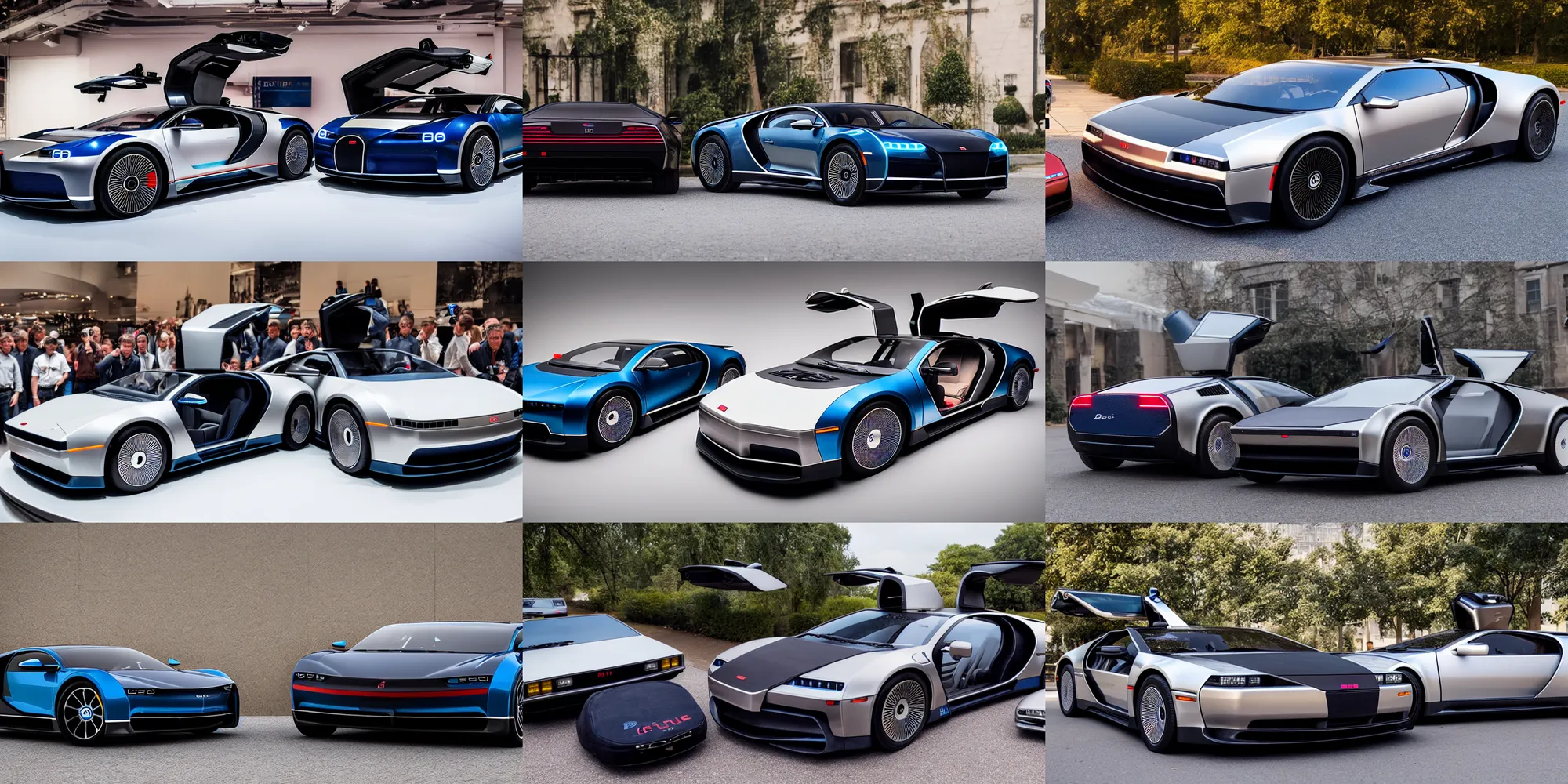 Image similar to a single delorean and bugatti chiron model 3 hybrid, dslr