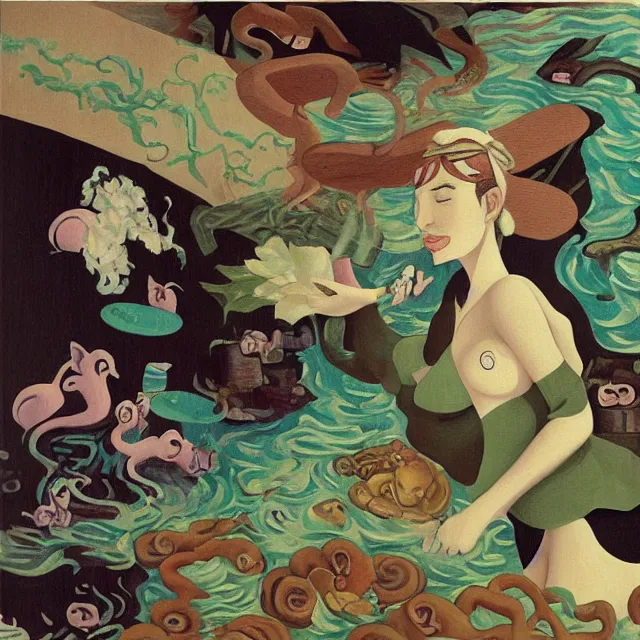Image similar to tall female catgirl artist wearing a pig mask in her flooded apartment, mushrooms, octopus, water gushing from ceiling, painting of flood waters inside an artist's apartment, a river flooding indoors, pomegranates, ikebana, zen, rapids, waterfall, black swans, canoe, berries, acrylic on canvas, surrealist, by magritte and monet
