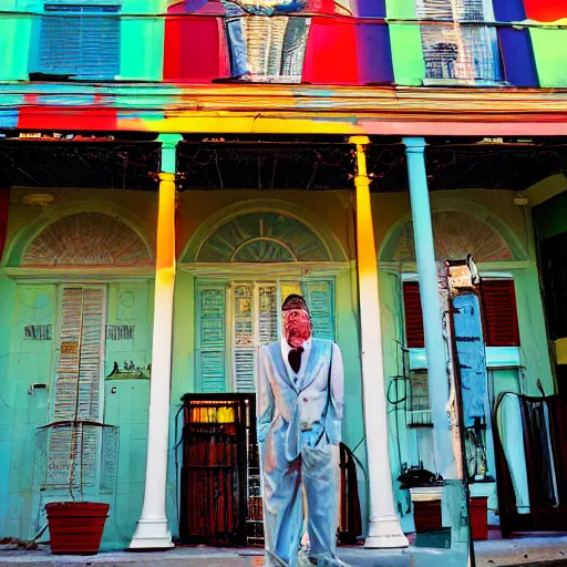 Image similar to the good god zeus in a marvelous and appropriate tuxedo standing in new orleans ; technicolor radioactive wax nanodetailed vinyl architecture