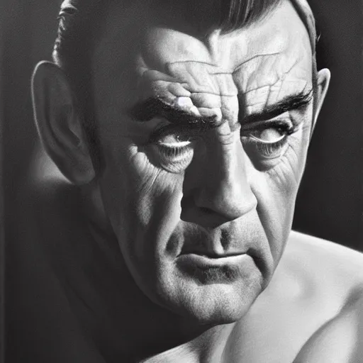 Image similar to ultra realistic portrait painting of sean connery, frank frazetta, 4 k, ultra realistic, highly detailed, epic lighting