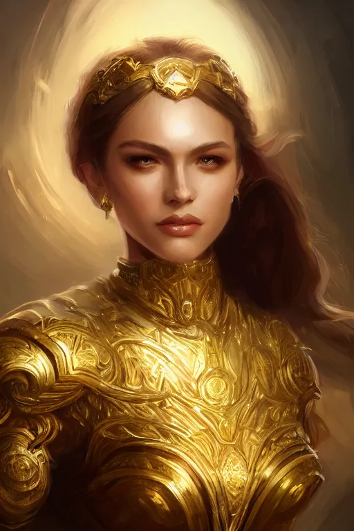 Image similar to three-quarters portrait pose of a beautiful woman, strong body, shining gold armor, human warrior, fantasy, intricate, elegant, highly detailed, digital painting, artstation, concept art, matte, sharp focus,D&D, illustration, art by Stanley Lau