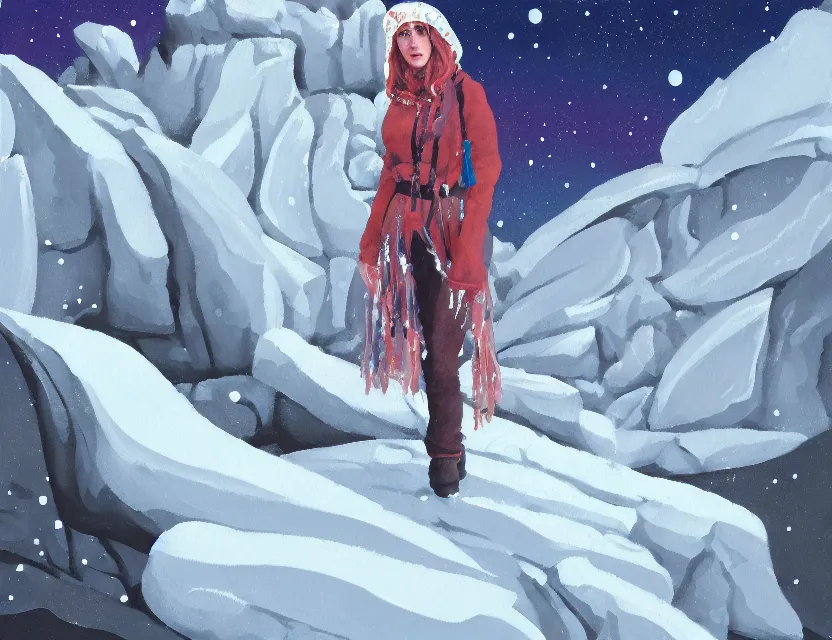 Image similar to priestess of everyday embarrasment in the icy mountains. gouache painting by indie concept artist, chiaroscuro, bokeh, backlighting, field of depth