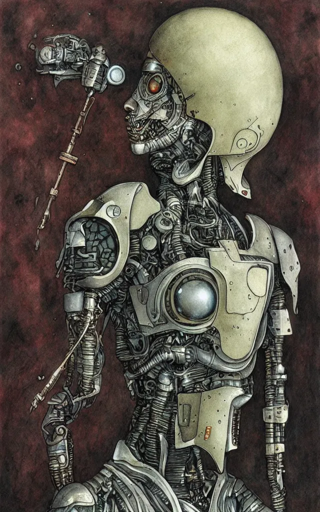 Image similar to futurist cyborg knight, perfect future, award winning art by santiago caruso, iridescent color palatte