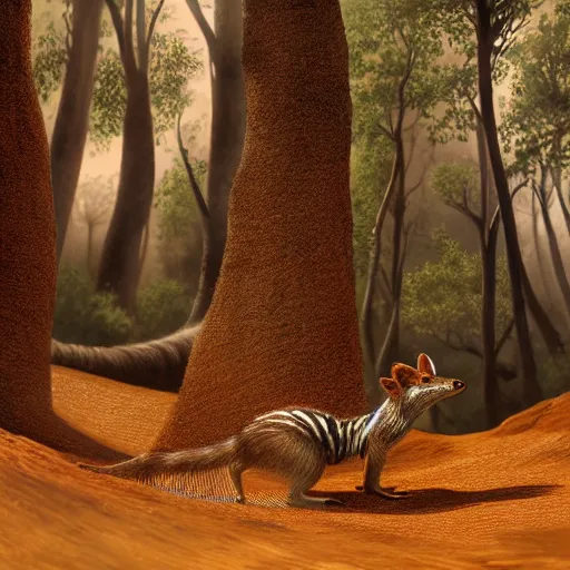 Image similar to Intricate detailed illustration, A numbat frolicking in the Dryandra woodland, cinematic lighting, by Philip Hood, wide angle, volumetric light scattering, 8k, artstation, concept art,