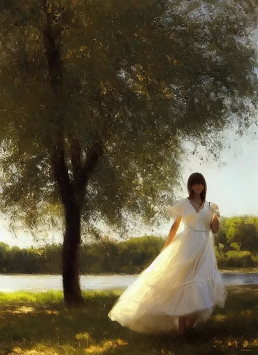 Image similar to There is a tree by the river, a girl wearing a white skirt swinging under the tree, by Vicente Romero Redondo