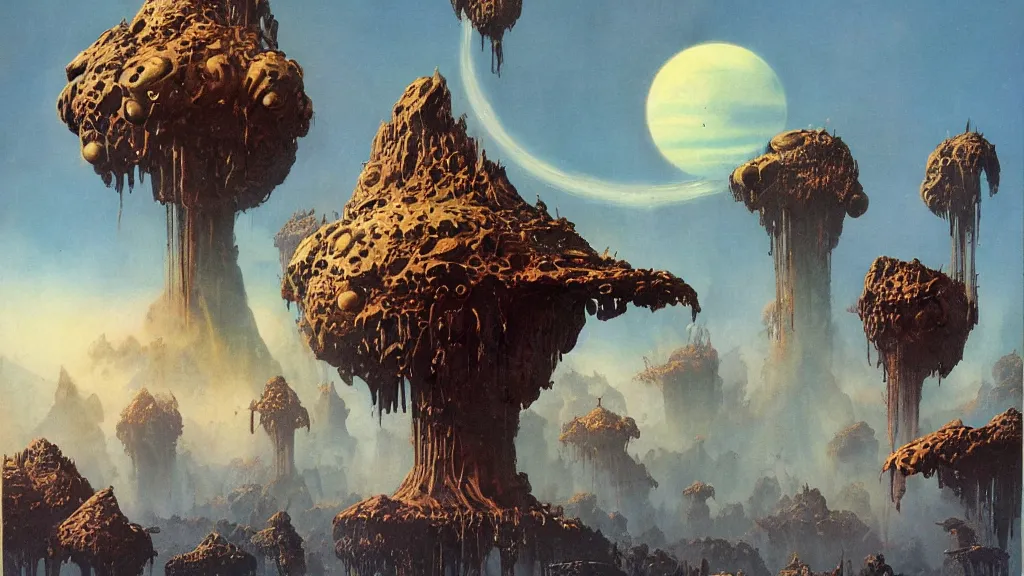 Image similar to surreal eerie alien planet empire with strange biomechanical plants by frank frazetta and bruce pennington, cinematic matte painting