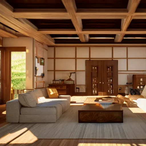 Image similar to Peaceful wooden mansion, unreal engine 5 tech demo, zillow interior, golden hour, living room, cozy, octane render, Frank Lloyd Wright ((Studio Ghibli))