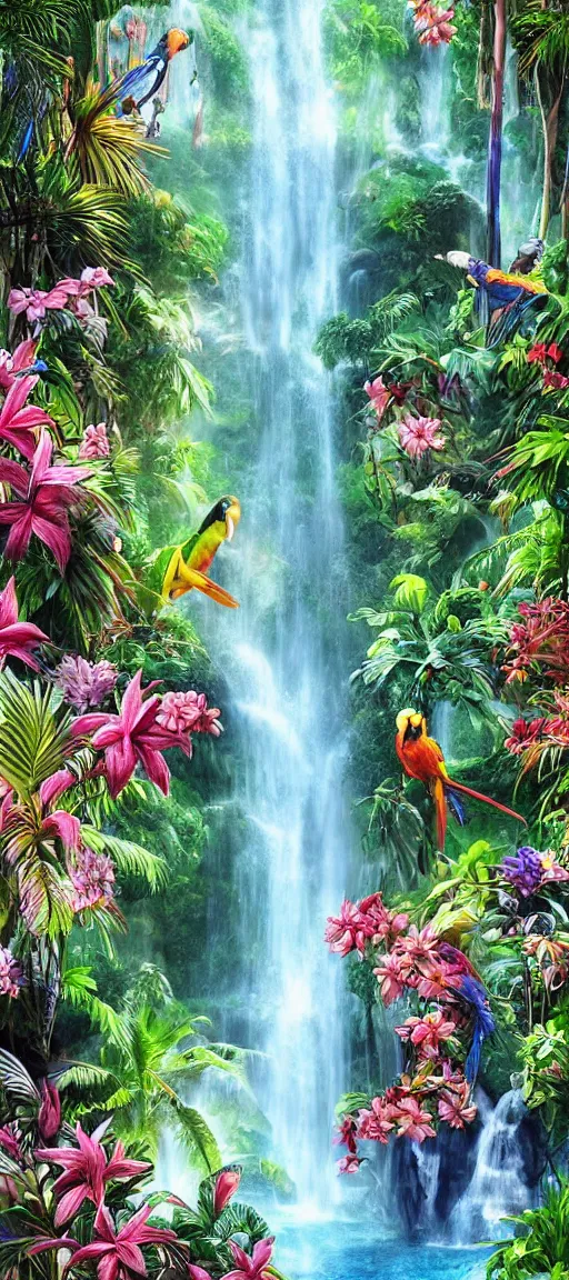 Image similar to cascading concept art of an exotic garden with waterfall pools, macaw parrots flying, flowers and palm trees, plumeria, detailed, highly detailed, aesthetic, realistic, hyper realism, colorful, in depth, intricate,