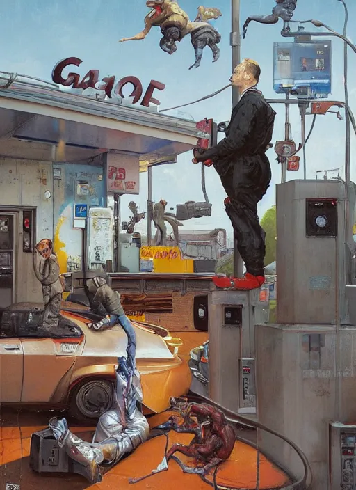 Prompt: realistic detailed image of figures at a gas station with large oxygen tanks and gas masks in the style of Francis Bacon, Surreal, Norman Rockwell and James Jean, Greg Hildebrandt, and Mark Brooks, triadic color scheme, By Greg Rutkowski, in the style of Francis Bacon and Syd Mead and Edward Hopper and Norman Rockwell and Beksinski, open ceiling, highly detailed, painted by Francis Bacon, painted by James Gilleard, surrealism, airbrush, Ilya Kuvshinov, WLOP, Stanley Artgerm, very coherent, art by Takato Yamamoto and James Jean