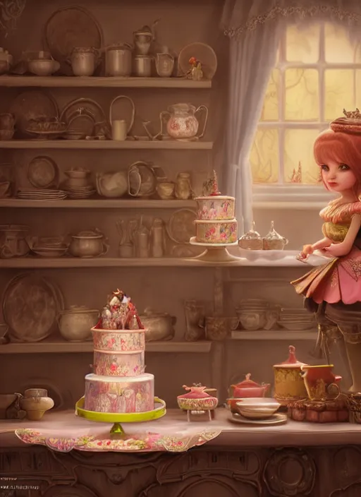 Image similar to highly detailed closeup portrait of a fairytale princess's cake kitchen, unreal engine, nicoletta ceccoli, mark ryden, earl norem, lostfish, global illumination, detailed and intricate environment