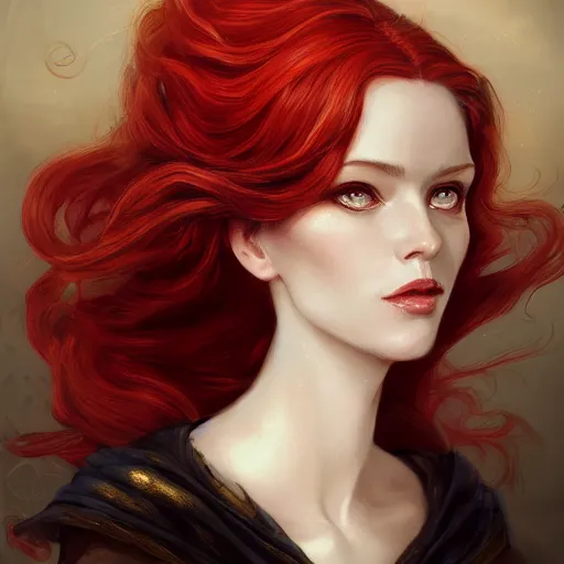 Image similar to a detailed matte head - on portrait painting of an middle - aged tiefling elegant and distinguished noblewoman with golden eyes and short long flowing red hair, by charlie bowater, lise deharme, wlop, tending on arstation, dungeons and dragon, dnd, pathfinder, fanart, oil on canvas