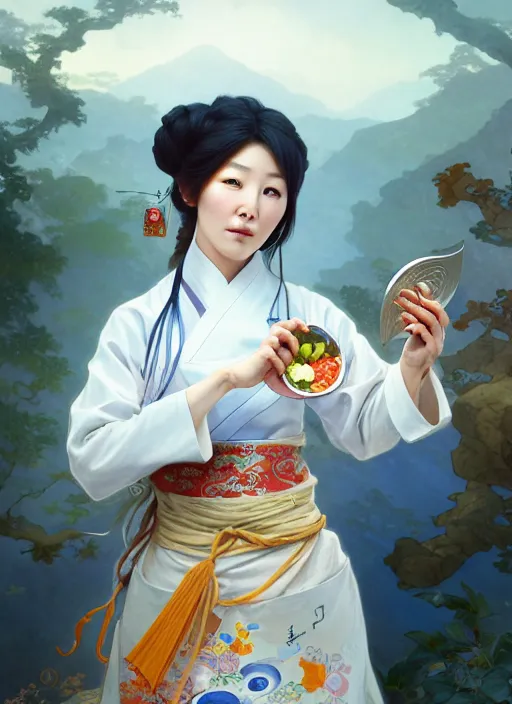 Image similar to character concept of a south korean female chef, wearing a beautiful hanbok inspired apron, holding magical kitchen knives, beautiful rivers of energy flowing in background, by peter mohrbacher and alphonse mucha and loish, 4 k, high resolution, intricate, hyperdetailed, photorealistic, artstation, smooth, sharp focus