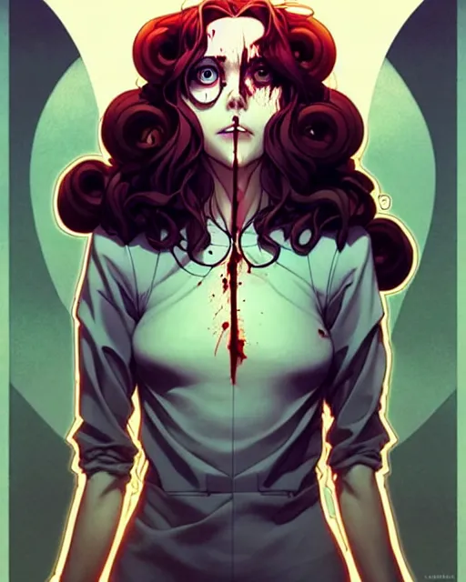 Image similar to artgerm, joshua middleton comic cover art, pretty serial killer maika monroe full body, creepy smiling, covered in blood, symmetrical eyes, symmetrical face, long curly brown hair, standing in front of an abandoned house background