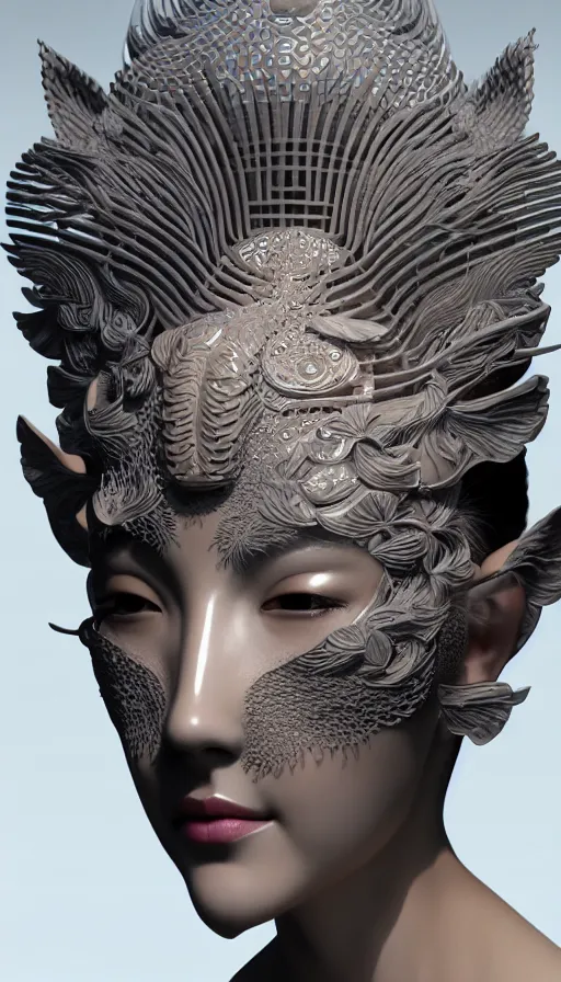 Prompt: 3 d goddess close - up profile portrait. beautiful intricate highly detailed korean gumiho mask and traditional hanbok. stingray magpie, bio luminescent, plasma, ice, water, wind, creature, artwork by tooth wu and wlop and beeple and greg rutkowski, octane 3 d render