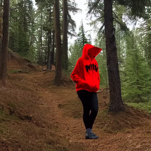 Image similar to a ninja timber wolf stalks [ a blonde teenage girl wearing a red hoodie ] in the forest