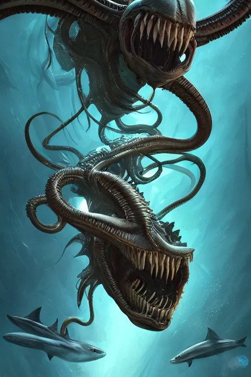 Image similar to underwater xenomorph alien mixed with sharks extra teeth, tentacles, highly detailed, digital painting, artstation, concept art, smooth, sharp focus, illustration, unreal engine 5, 8 k, art by artgerm and greg rutkowski and alphonse mucha and ifbb pro fitness photograph
