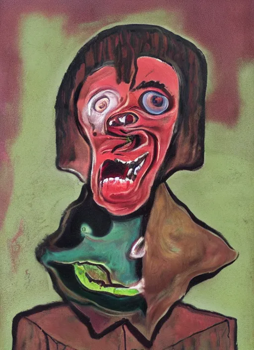 Prompt: scout boy, grotesque, doomed, acrylic paint, gouache on canvas, ugly art, grotesque, wrapped thermal background, art francis bacon