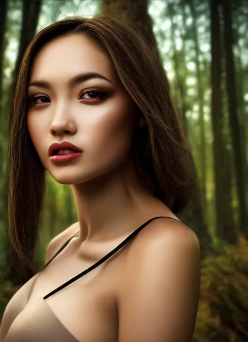 Image similar to photo of a gorgeous female in the style of stefan kostic, realistic, professionally, professionally color graded, half body shot, sharp focus, 8 k high definition, insanely detailed, intricate, elegant, art by stanley lau and artgerm, extreme bokeh, blurred forest in background