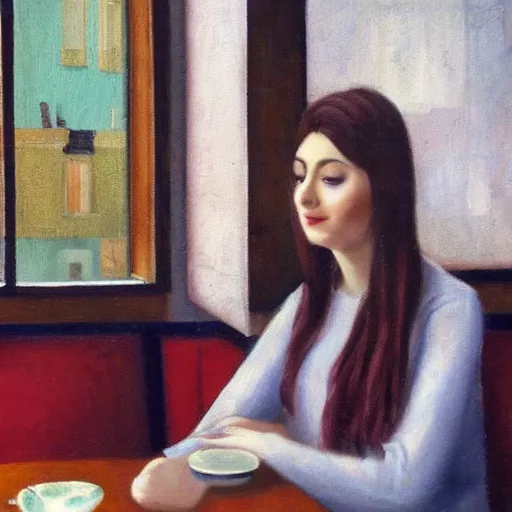 Prompt: a girl with dark red hair seating in cafe and drinking tea, Istanbul can be seen in window behind her oil painting