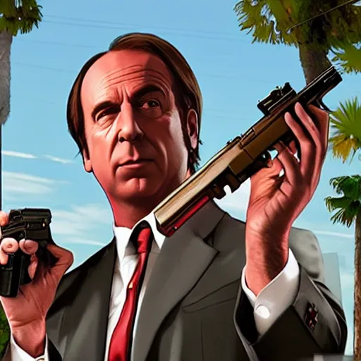 Image similar to saul goodman standing in the sun holding a smg gun, grand theft auto 5 artwork