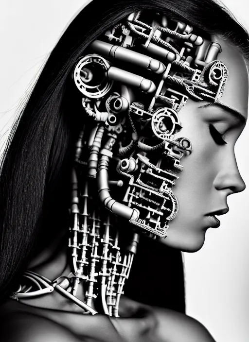 Image similar to a stunning young female cyborg profile face, face is made intricate tribal bio - mechanical, editorial photography, bw, shot on 7 0 mm, depth of field, f / 2. 8, high contrast, 1 6 k, rays of shimmering light, volumetric lighting, shiny, insanely detailed and intricate, hypermaximalist, elegant, ornate, hyper realistic, super detailed