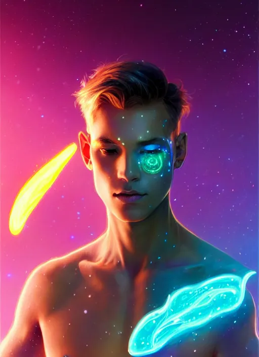 Image similar to a male faceless glowing liquefied stardust adventurer, dnd fantasy character, full body portrait, glowing neon skin, magical aura, ultra realistic, intricate, elegant, highly detailed, digital painting, artstation, smooth, sharp, focus, illustration, art by artgerm and greg rutkowski and alphonse mucha