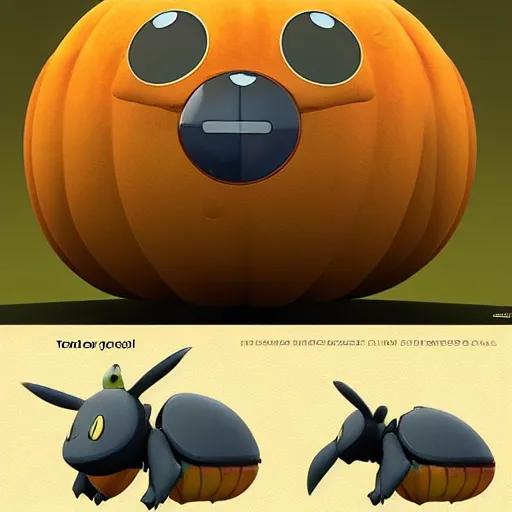 Image similar to A pokemon that looks like a beetle,The body is a large pumpkin,Trending on art station. Unreal engine.