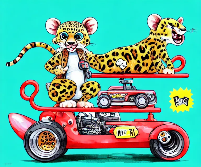 Image similar to cute and funny, baby leopard riding in a tiny go kart with oversized engine, ratfink style by ed roth, centered award winning watercolor pen illustration, isometric illustration by chihiro iwasaki, edited by range murata, tiny details by artgerm and watercolor girl, symmetrically isometrically centered