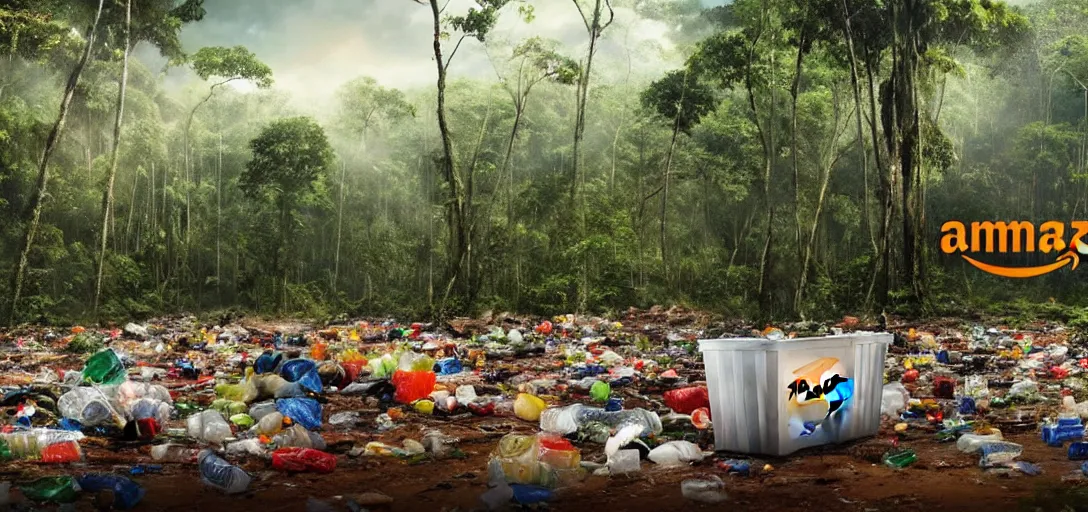 Image similar to a very high resolution image from a new movie. amazon forest landscape, garbage plastic, fast food,. photorealistic, photography, directed by anthony russo