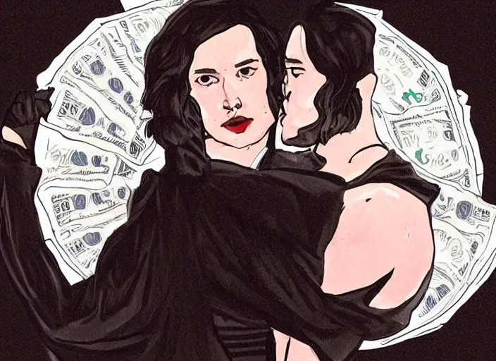 Image similar to reylo kissing, dollar bill!!!, rey and kylo ren