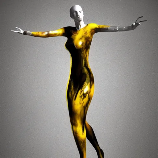 Prompt: liquid marble acrylic fluid paint, 3 d render, daz 3 d studio, golden and black liquid materials, abstract art, beautiful female model standing, semi realism