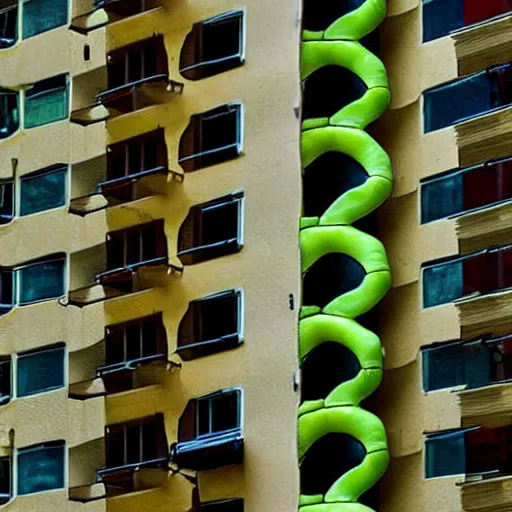 Image similar to Snake plant taking over an entire apartment block, low angle shot, ambient lighting, high detail