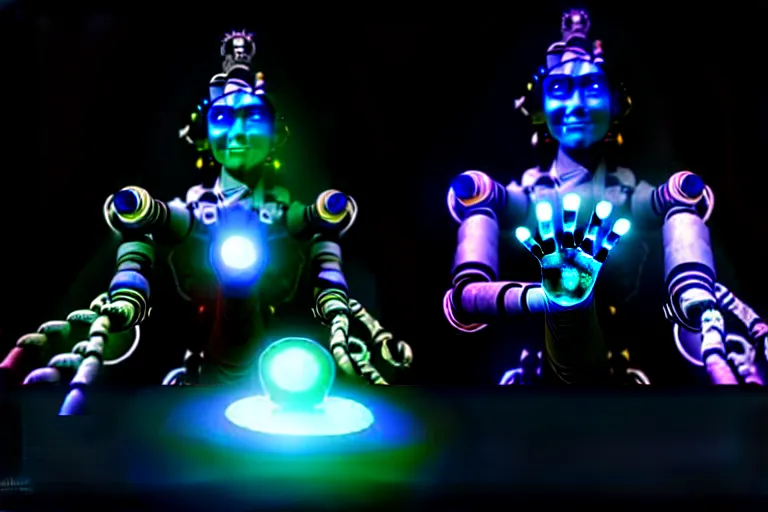 Prompt: Hyper intelligent, fractal robot, in a dark room, with glowing hands, shiva, making art, solar eclipse, hyperrealistic, DAZ, unreal 5, fisheye, dynamic lighting, art by Greg Rutokowski