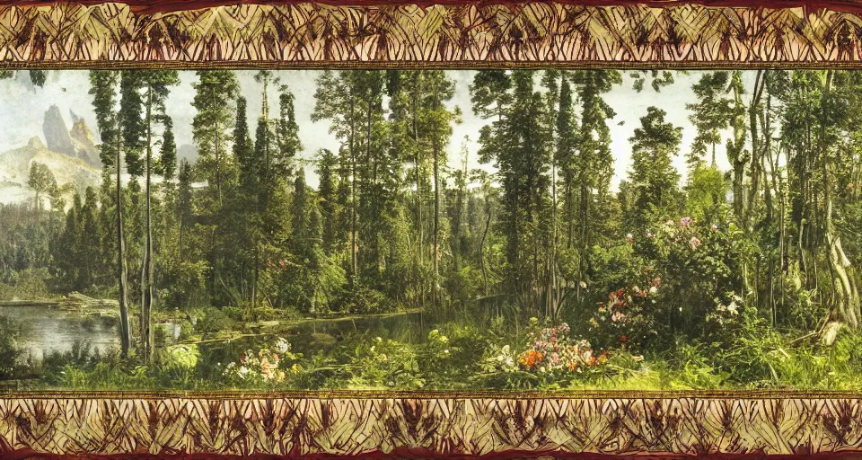 Prompt: atlas texture map megascans, flowers by the lake with forest in background, white background illustrated by eugene von guerard, ivan shishkin, john singer sargent